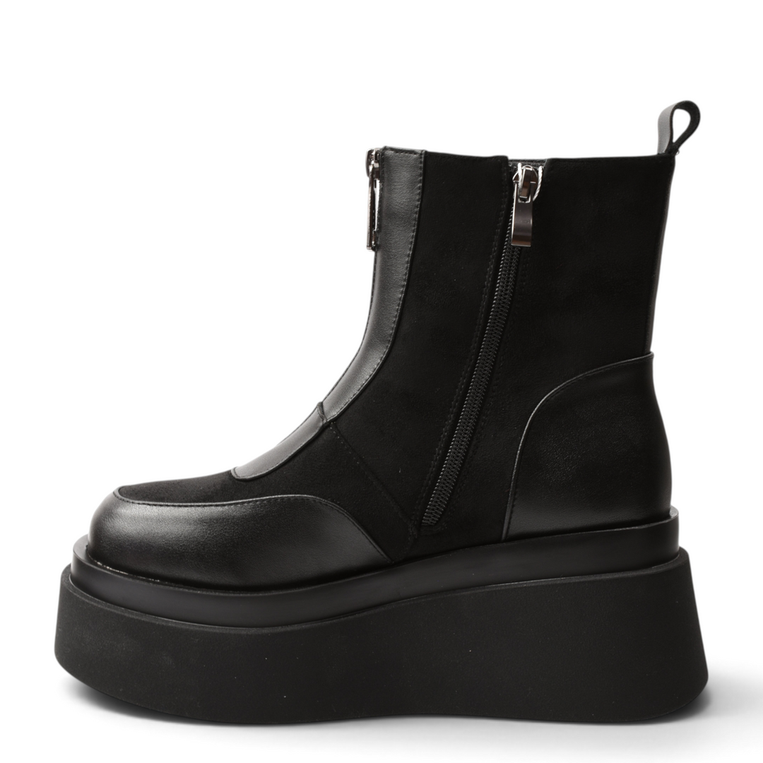 ada-shoes.ro Anna Viotti black platform boots made of genuine leather and suede with a front zipper and side zip