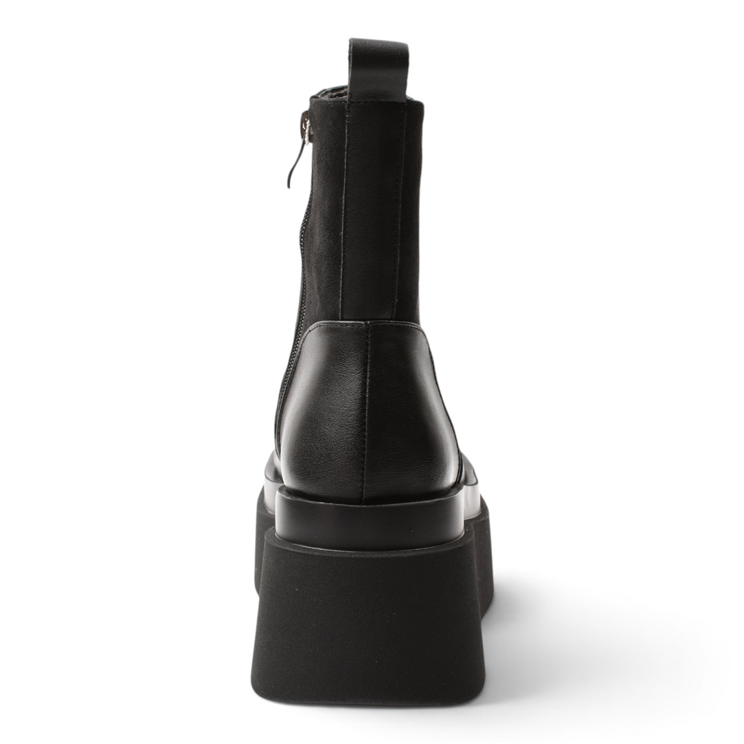 ada-shoes.ro Anna Viotti black leather and suede platform boots, back view showing chunky sole and side zipper detail.