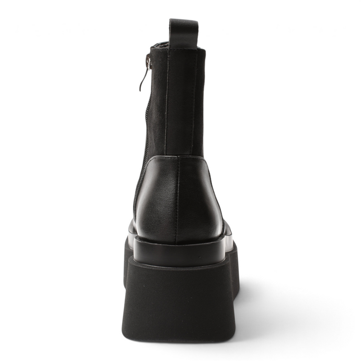 ada-shoes.ro Anna Viotti black leather and suede platform boots, back view showing chunky sole and side zipper detail.