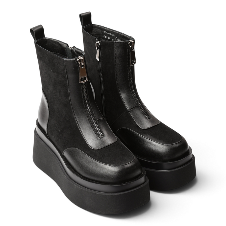 ada-shoes.ro Anna Viotti black platform boots made of leather and suede with front zip closure and rounded toe