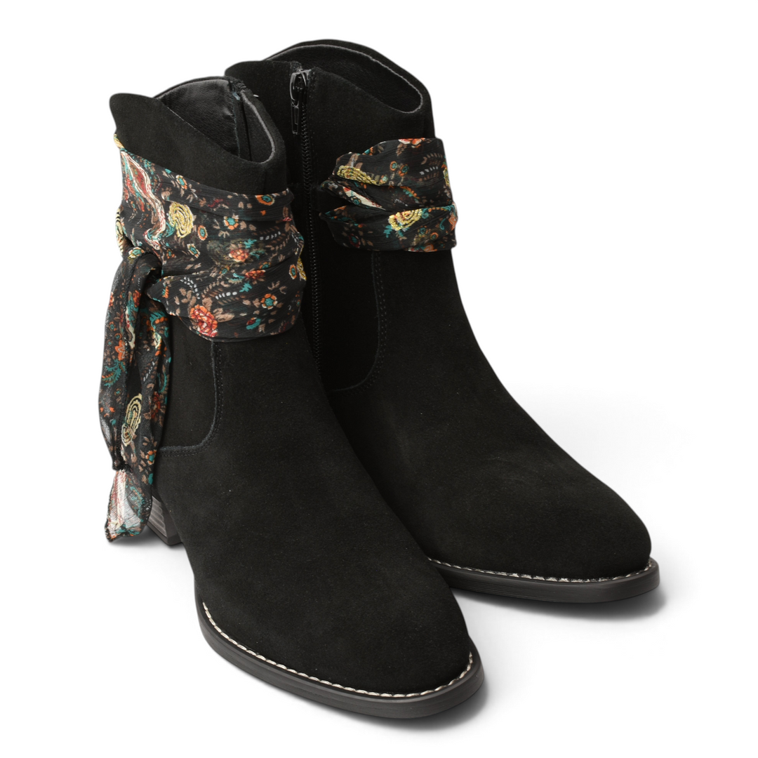 ada-shoes.ro Anna Viotti black nubuck leather ankle boots with a removable floral scarf accessory and side zipper