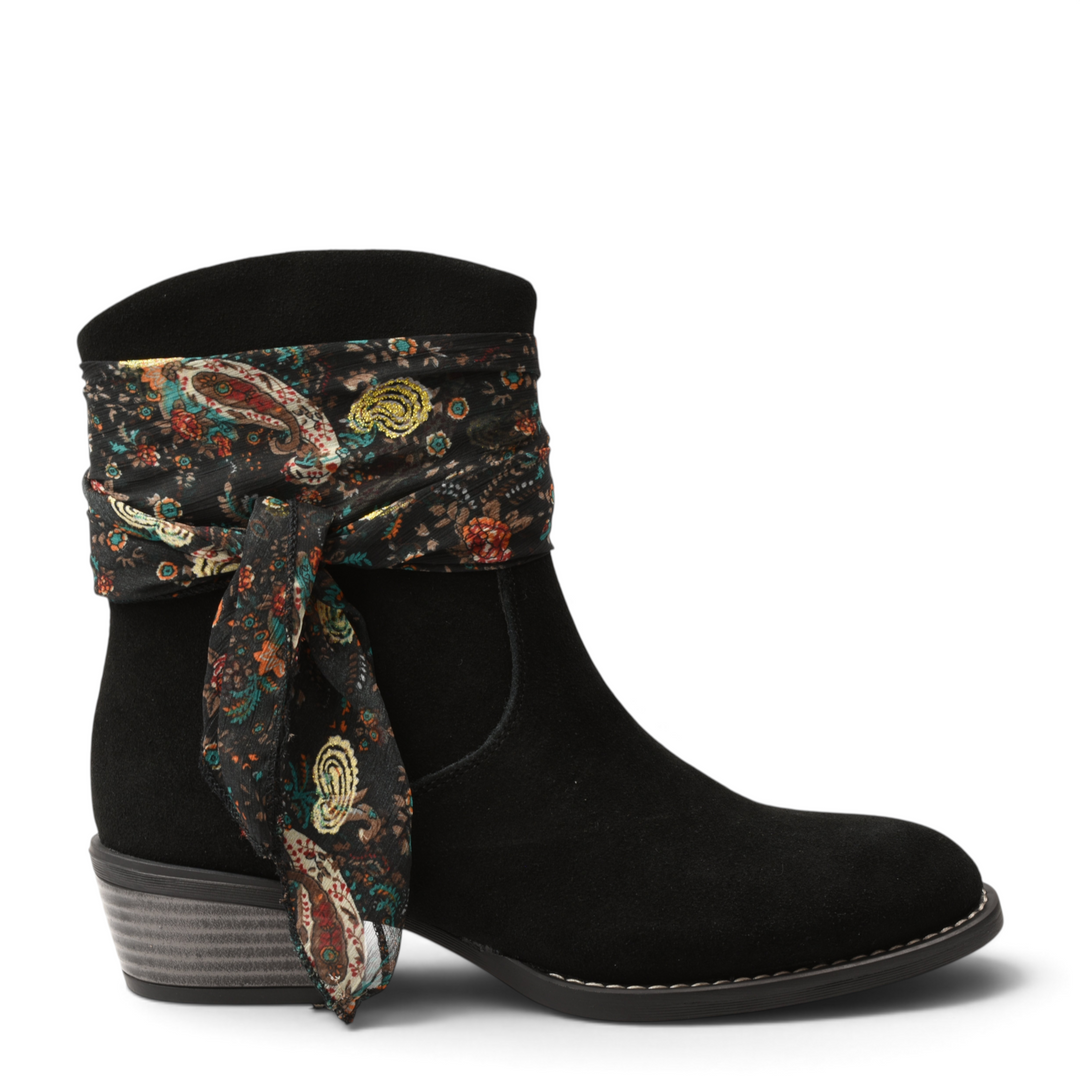 ada-shoes.ro Anna Viotti black nubuck ankle boots with a removable floral patterned scarf accessory