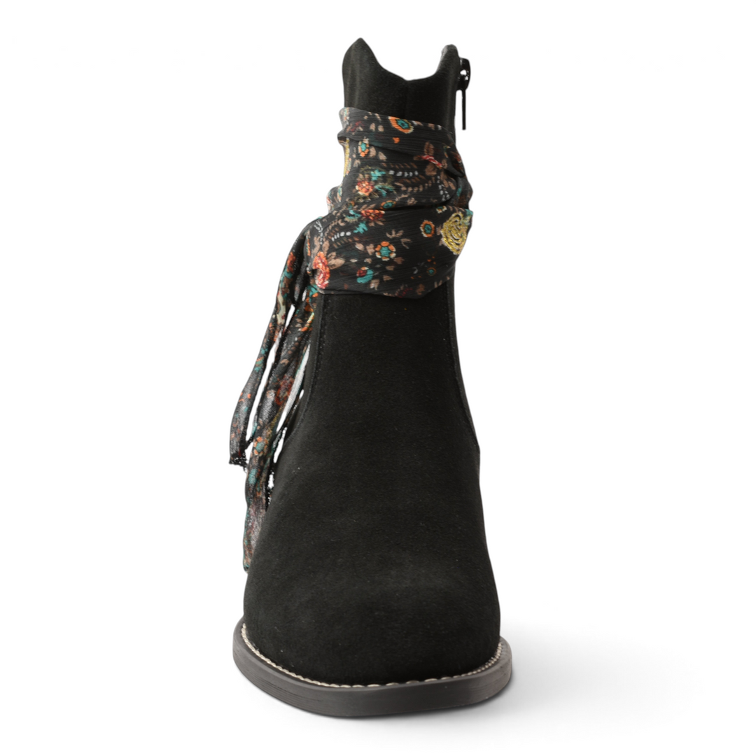 ada-shoes.ro Anna Viotti black nubuck leather ankle boots with a removable floral scarf accessory and side zipper