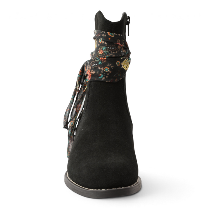 ada-shoes.ro Anna Viotti black nubuck leather ankle boots with a removable floral scarf accessory and side zipper