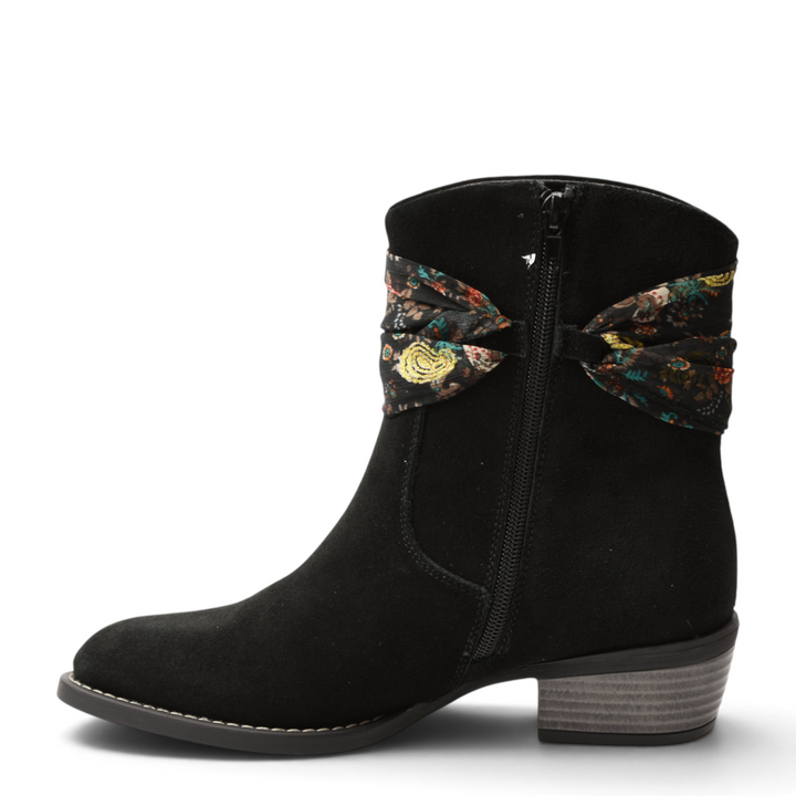 ada-shoes.ro Anna Viotti black nubuck leather ankle boots with a removable floral side accessory and side zipper