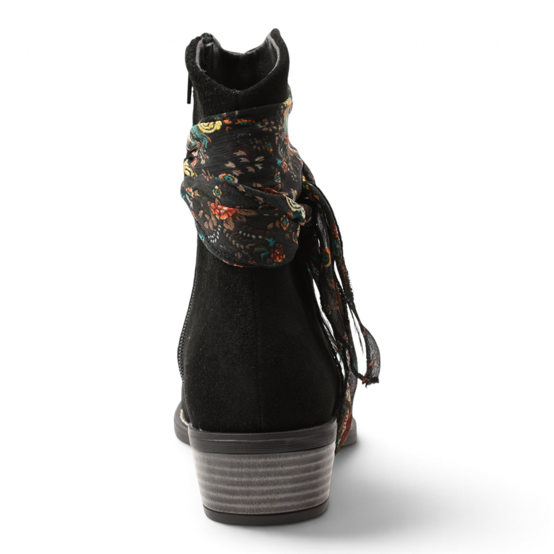 ada-shoes.ro Anna Viotti black nubuck ankle boots with a removable floral scarf accessory, back view
