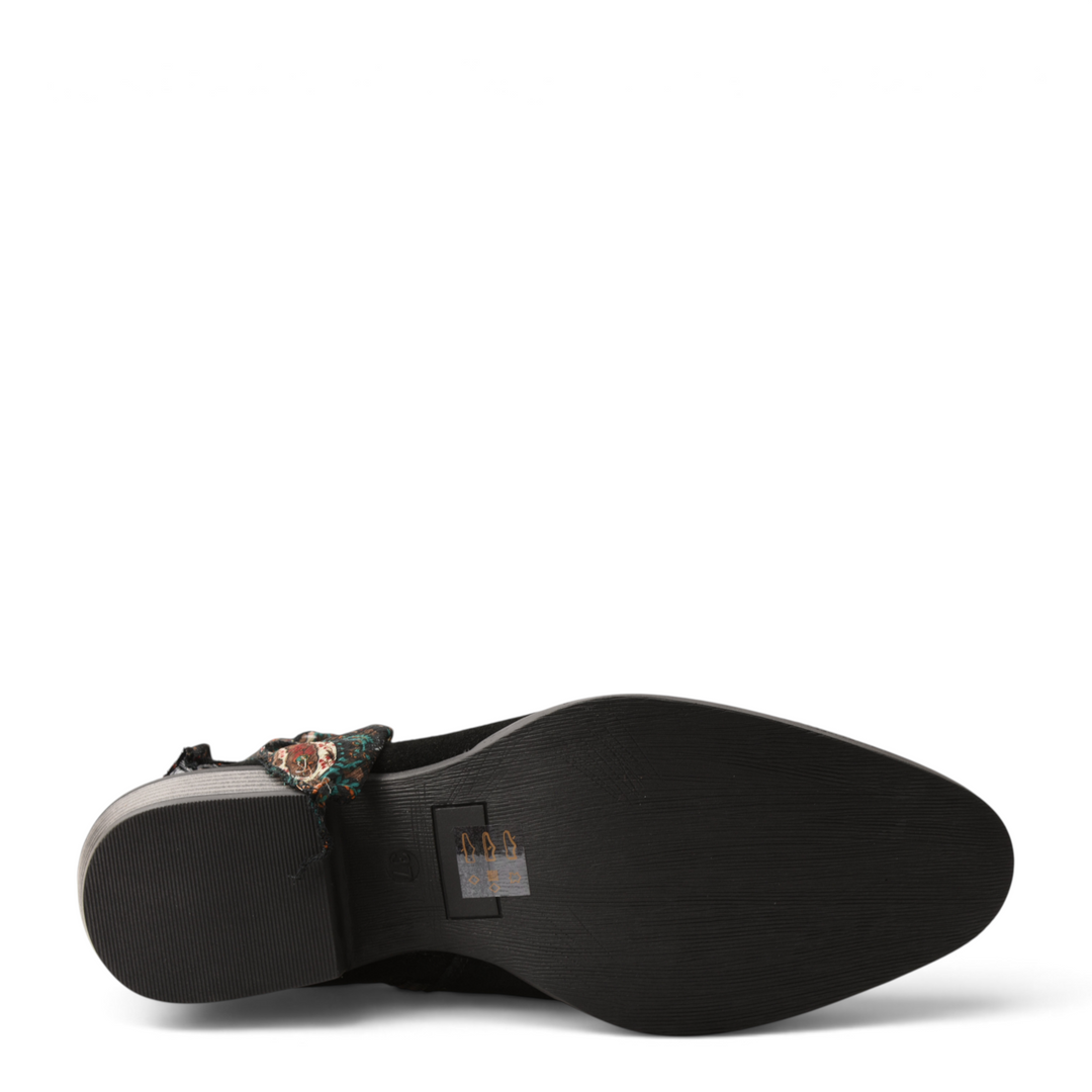 ada-shoes.ro Anna Viotti black nubuck ankle boot showing the textured sole and low heel from a bottom view