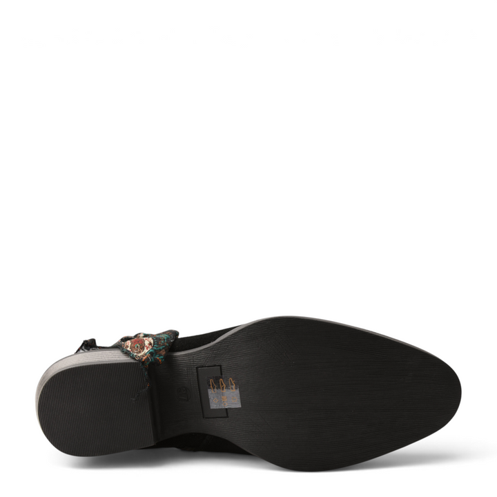 ada-shoes.ro Anna Viotti black nubuck ankle boot showing the textured sole and low heel from a bottom view