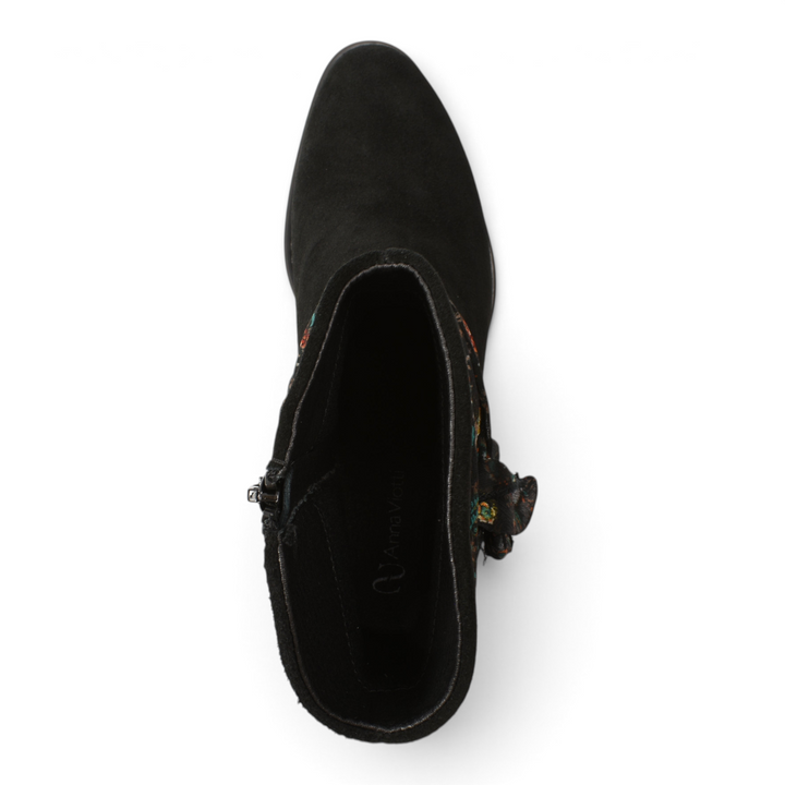 Top view of black Anna Viotti nubuck leather ankle boots with a side zipper and removable floral accessory from ada-shoes.ro