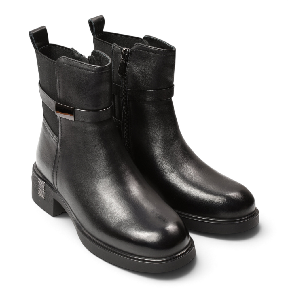 ada-shoes.ro Anna Viotti black leather ankle boots with side zipper and metallic buckle detail