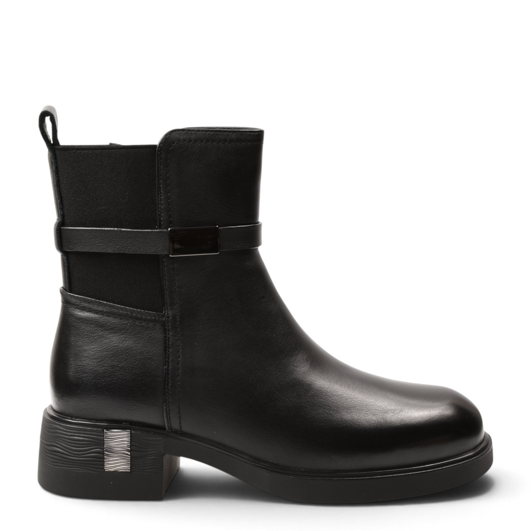 ada-shoes.ro Anna Viotti black leather ankle boots with side elastic panel, decorative strap, and block heel