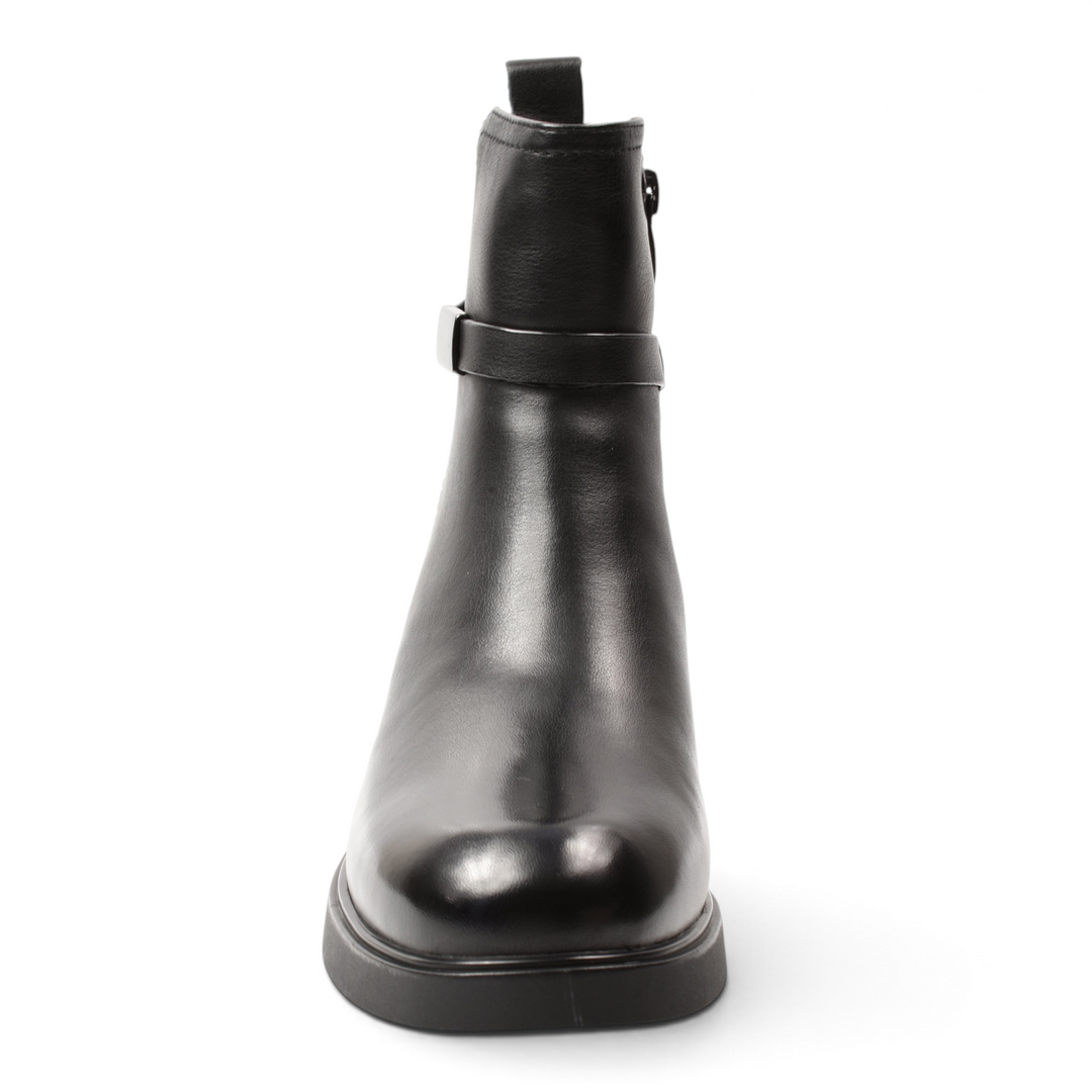 ada-shoes.ro Anna Viotti black leather ankle boots with side zipper and strap detail on a white background