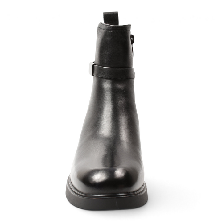 ada-shoes.ro Anna Viotti black leather ankle boots with side zipper and strap detail on a white background