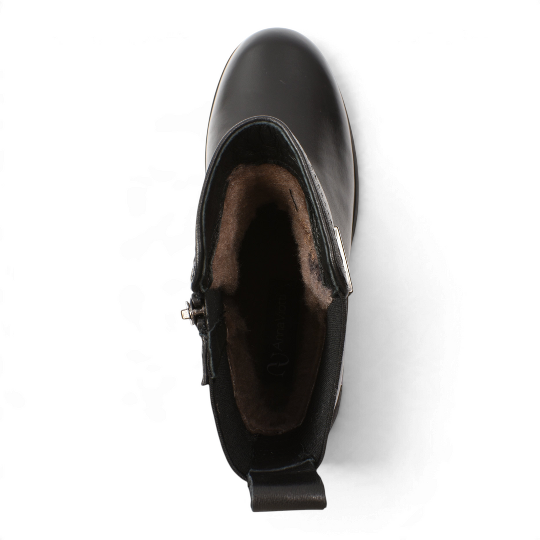 Top view of Anna Viotti black leather ankle boots with warm interior lining and side zipper from ada-shoes.ro