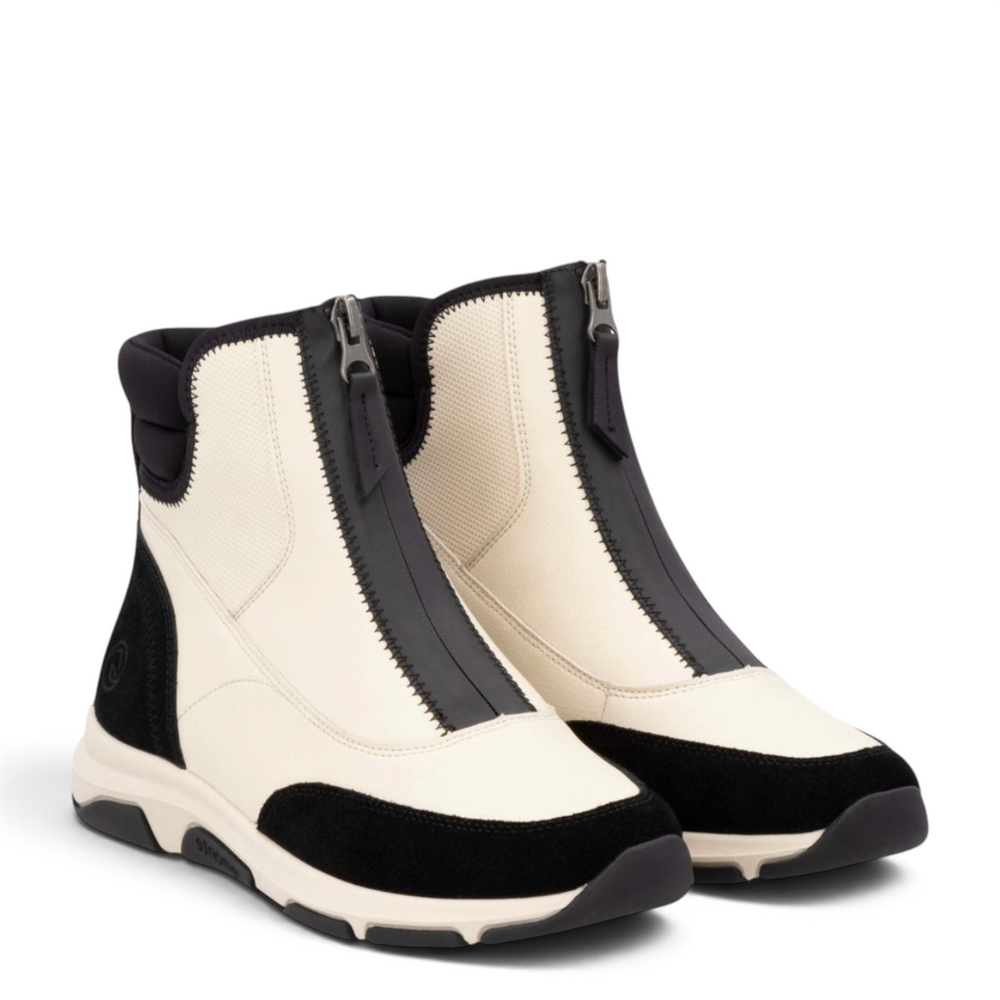 ada-shoes.ro Remonte casual beige and black leather ankle boots with front zipper and flexible sole