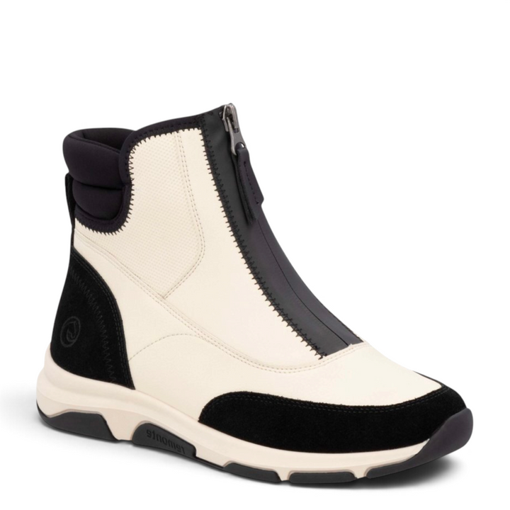 ada-shoes.ro Remonte beige and black leather casual ankle boot with front zipper and flexible sole