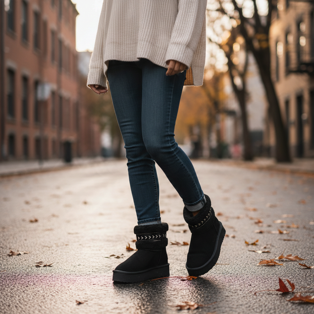 ada-shoes.ro Anna Viotti black suede winter boots with faux fur collar and boho embroidery worn on a city street