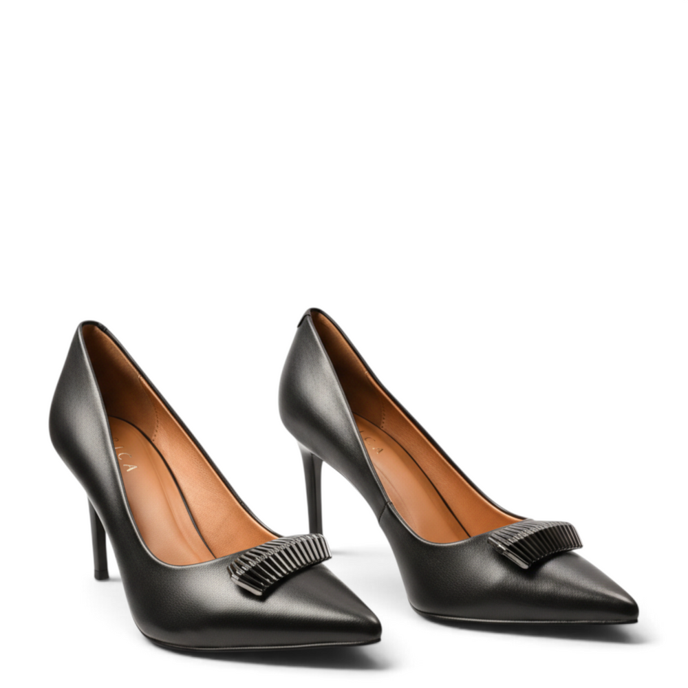 ada-shoes.ro Epica black leather stiletto pumps with pointed toe and decorative metallic bow detail