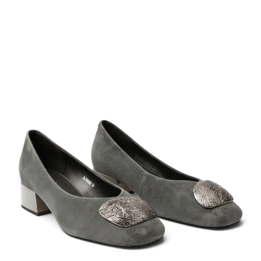 ada-shoes.ro Epica grey suede block heel pumps featuring a decorative metallic textured buckle on the toe