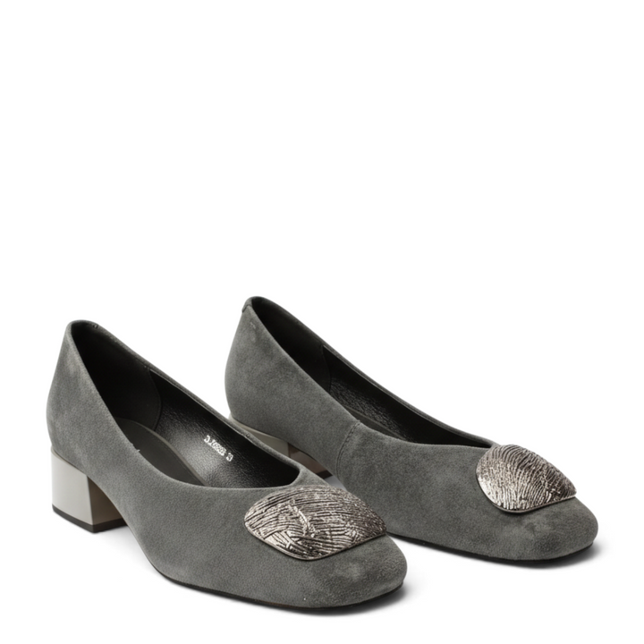 ada-shoes.ro Epica grey suede block heel pumps featuring a decorative metallic textured buckle on the toe