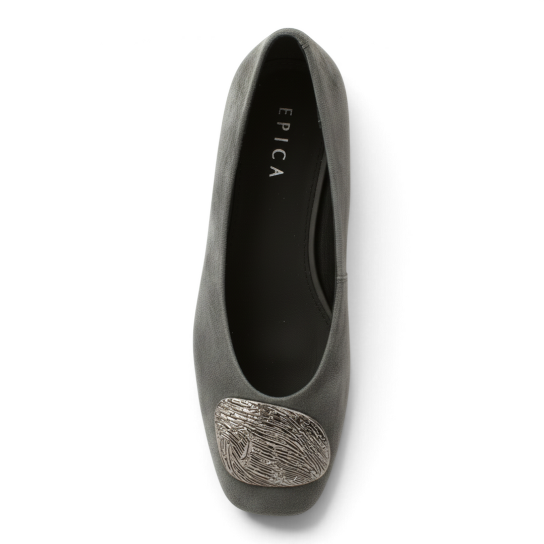 ada-shoes.ro Epica grey suede flat shoes with a decorative silver textured metal accent on the square toe
