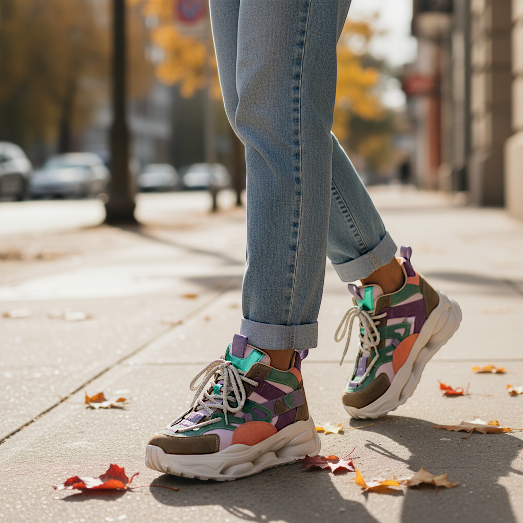 ada-shoes.ro Franco Gerardo suede chunky sneakers in multicolor brown, green, purple, and orange worn with jeans