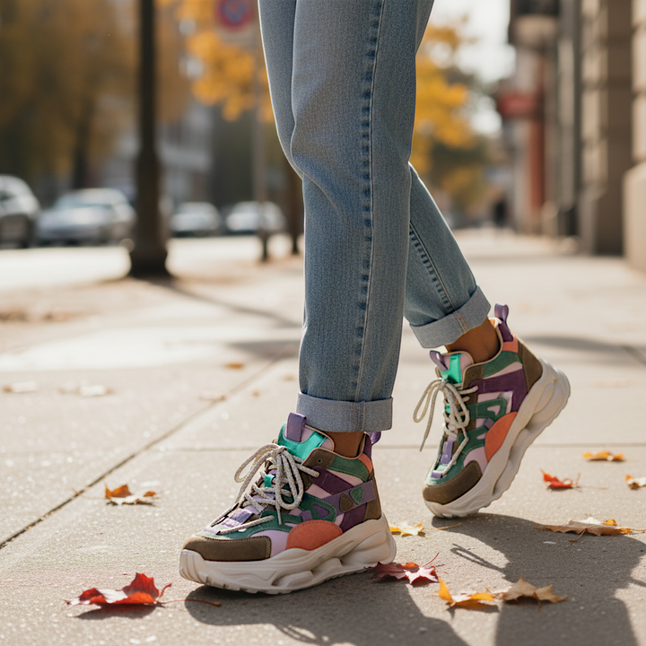 ada-shoes.ro Franco Gerardo suede chunky sneakers in multicolor brown, green, purple, and orange worn with jeans