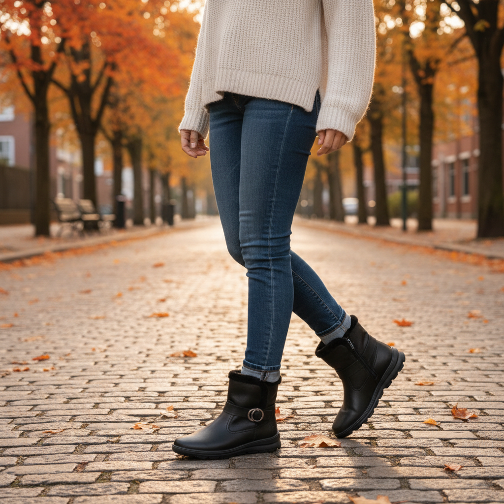 Woman wearing black Rieker Antistress ankle boots with faux fur collar and buckle detail on a cobblestone street