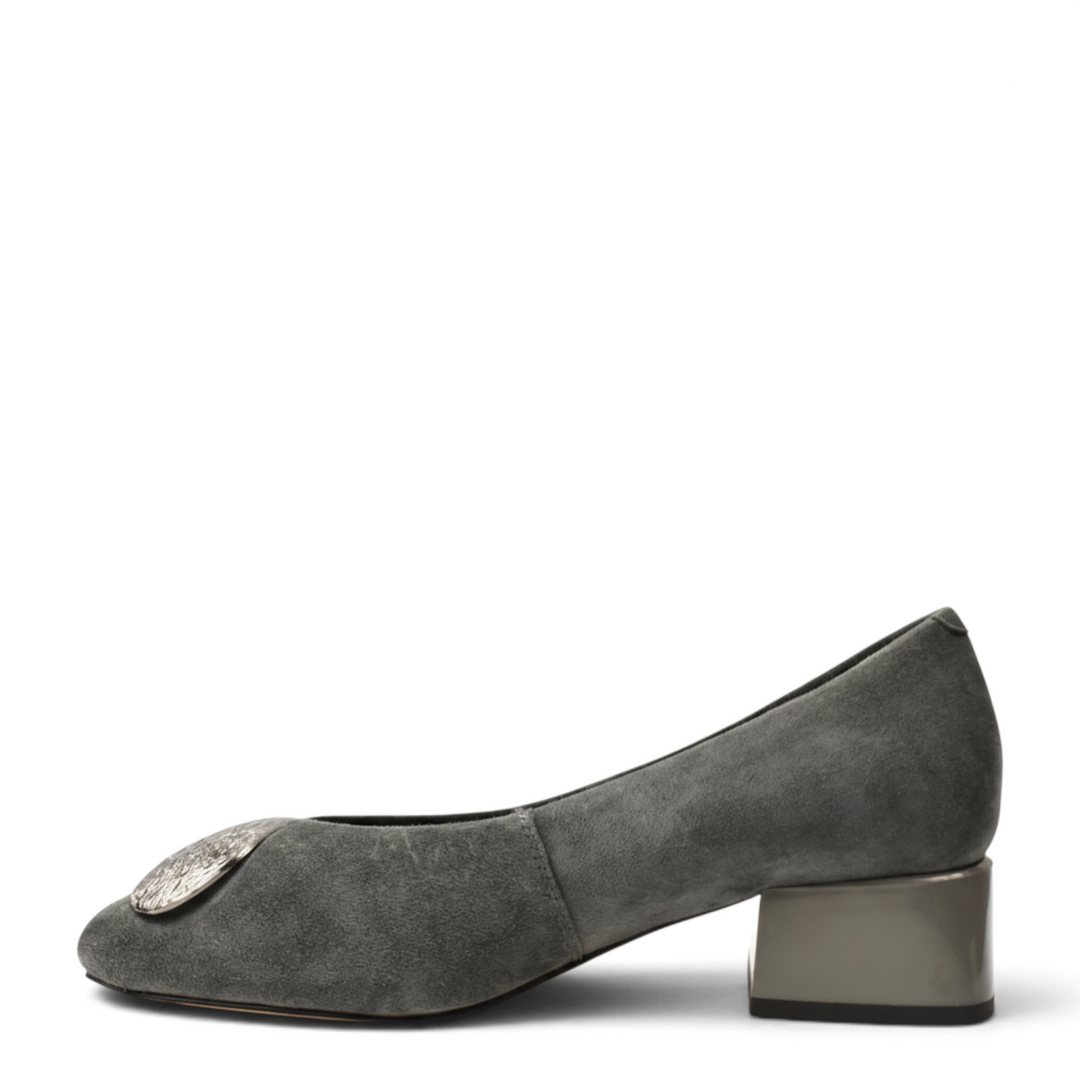 ada-shoes.ro Epica grey suede elegant pumps with a metallic decorative buckle and a block heel