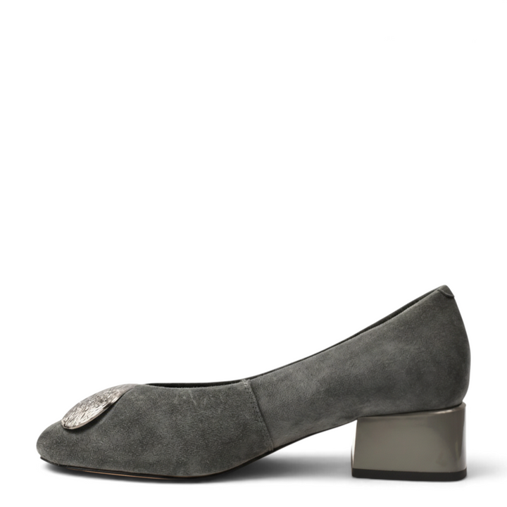 ada-shoes.ro Epica grey suede elegant pumps with a metallic decorative buckle and a block heel