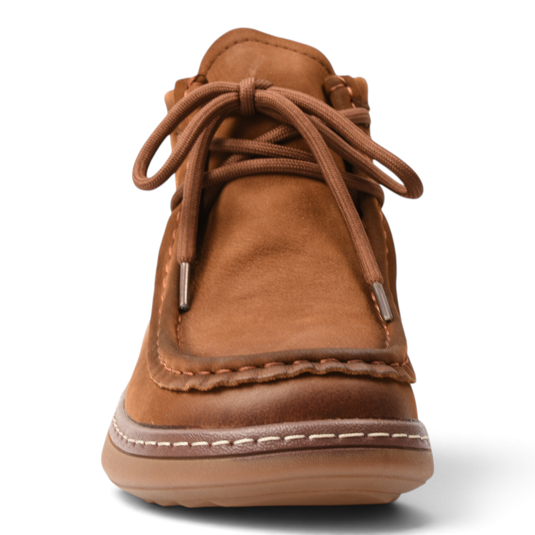 ada-shoes.ro brown suede moccasin boots with lace-up closure and visible decorative stitching, front view