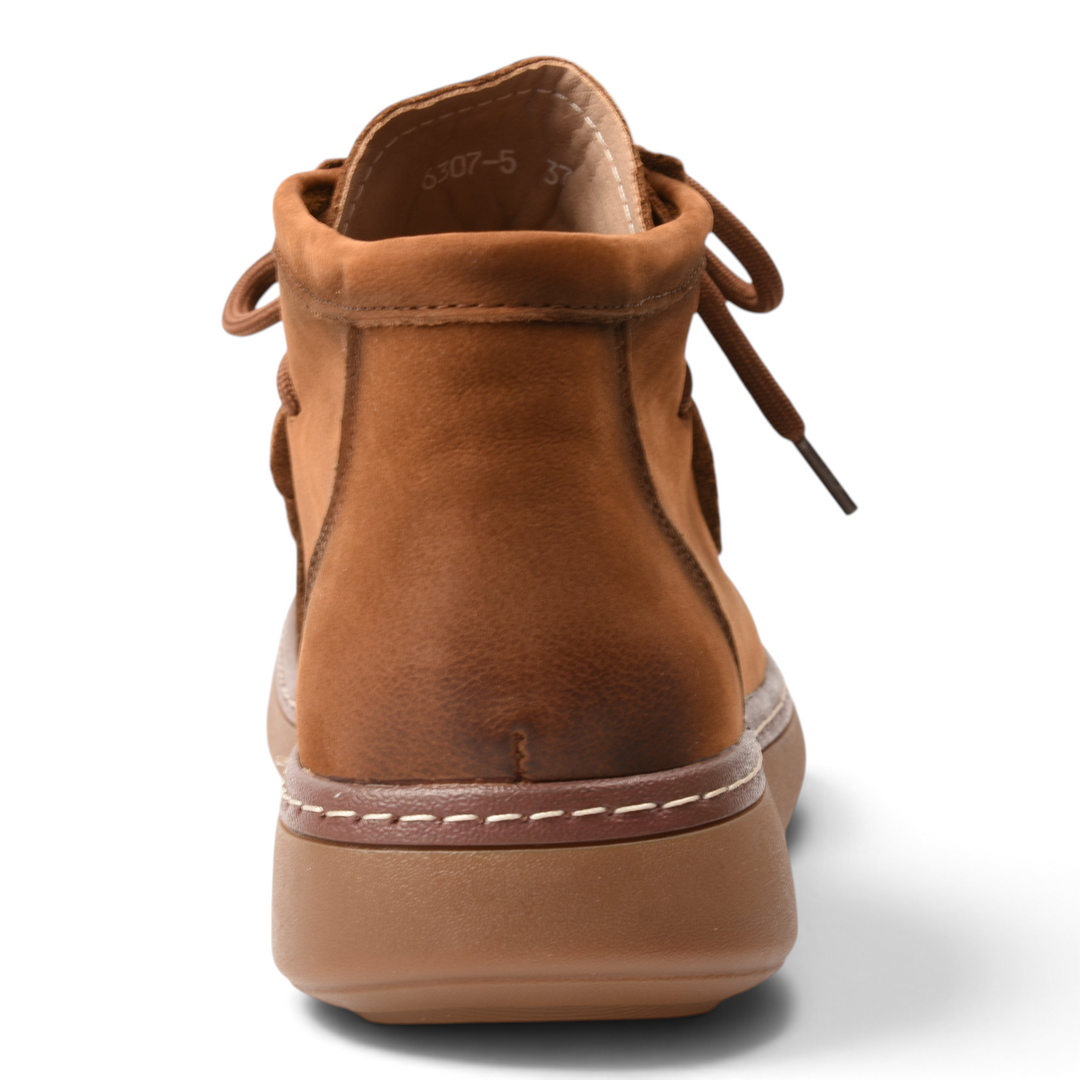 ada-shoes.ro brown suede moccasin-style ankle boots with laces and flexible sole, back view