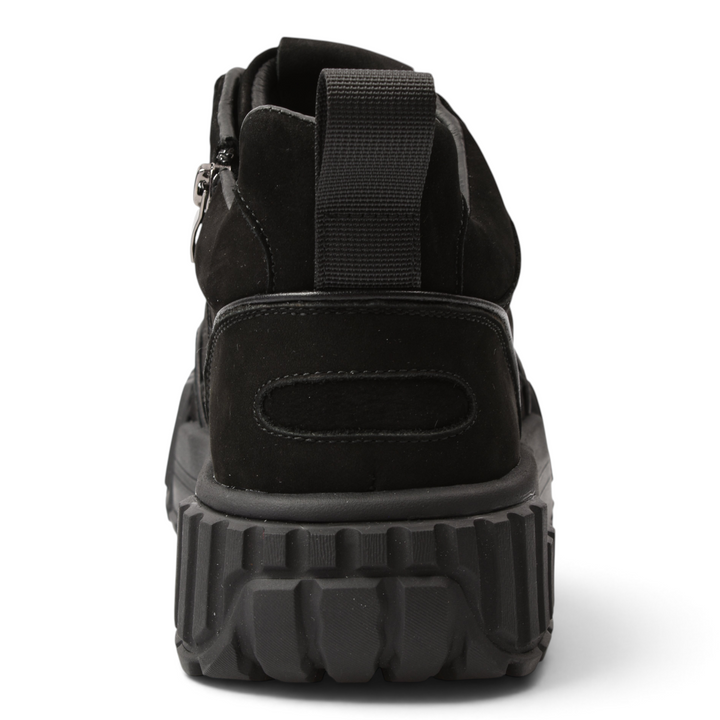 Back view of ada-shoes.ro black nubuck leather casual boots with a thick, rugged antislip sole and pull tab.