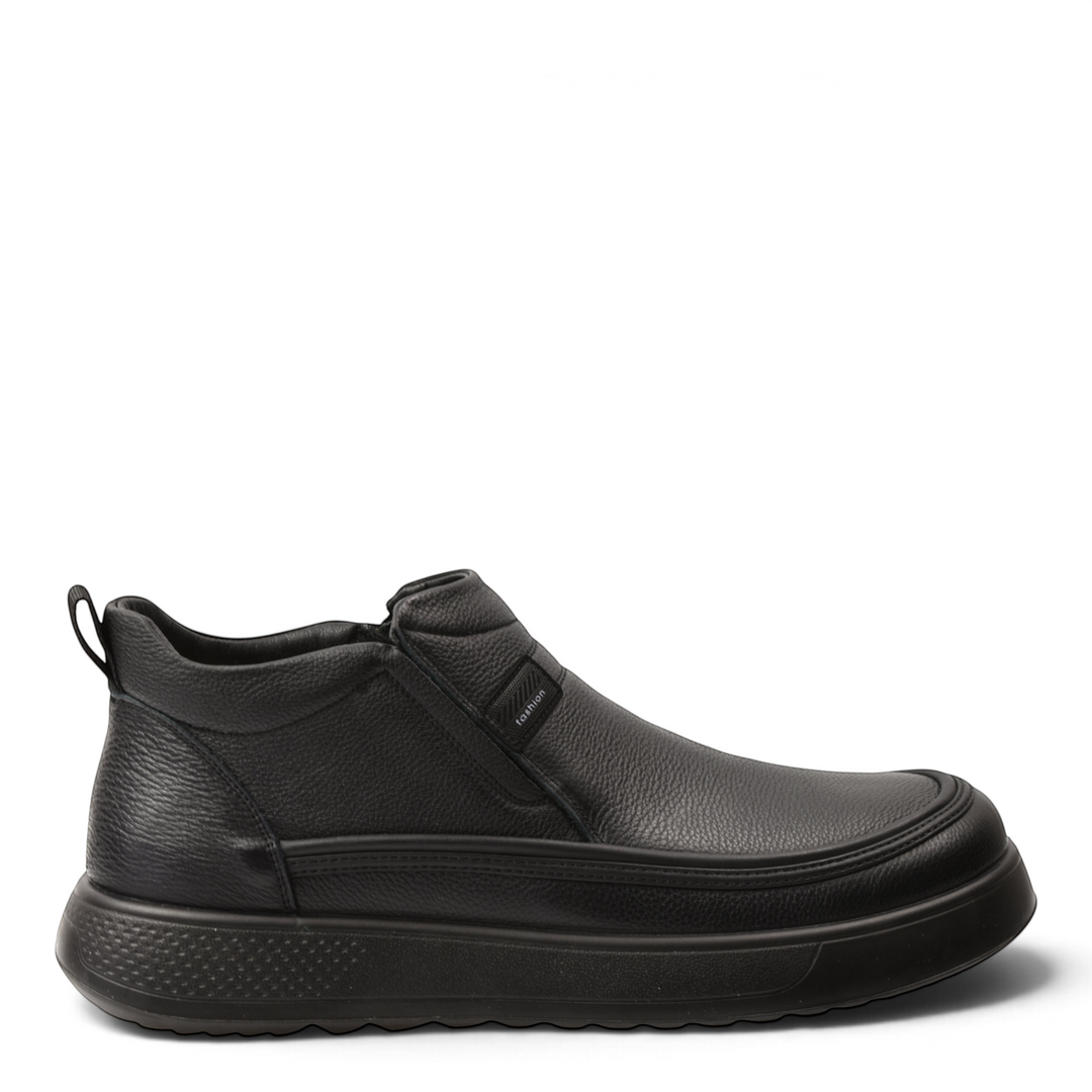 ada-shoes.ro Feeling black leather ankle boots for men with side elastic, thick flexible sole, and casual design.