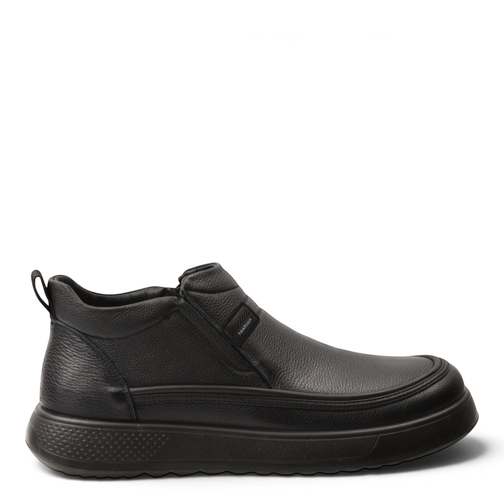 ada-shoes.ro Feeling black leather ankle boots for men with side elastic, thick flexible sole, and casual design.