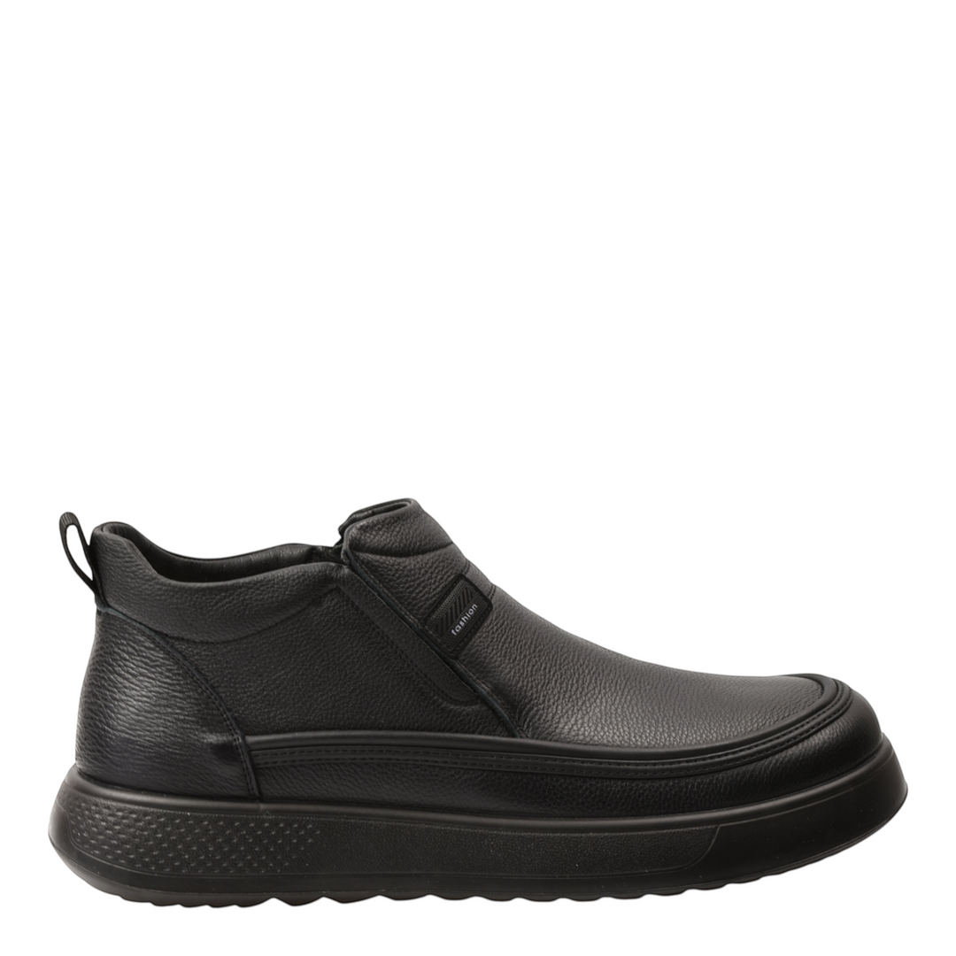 ada-shoes.ro Feeling black leather ankle boots for men with side elastic, thick flexible sole, and casual design.