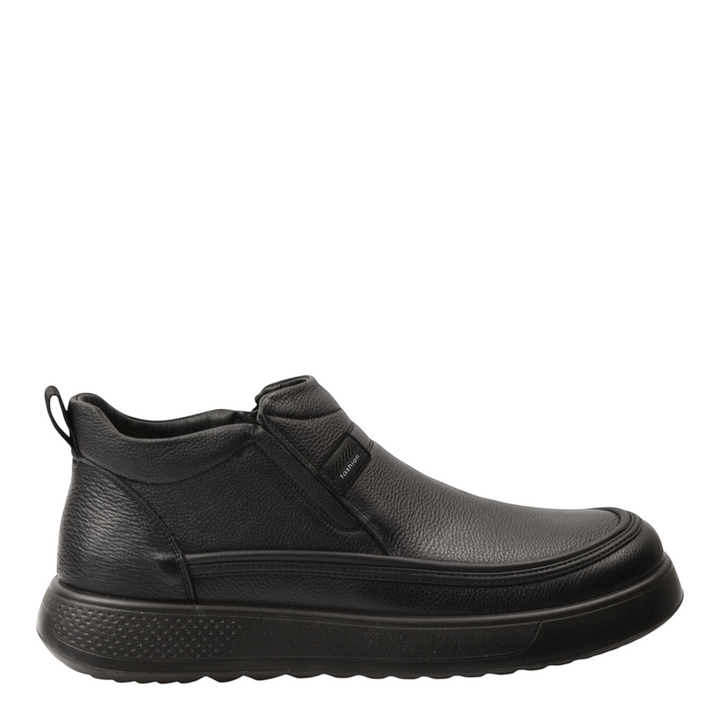ada-shoes.ro Feeling black leather ankle boots for men with side elastic, thick flexible sole, and casual design.