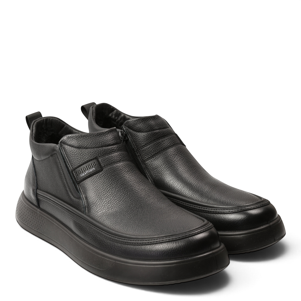ada-shoes.ro Feeling black leather men's ankle boots with a thick flexible sole, side zipper, and elastic insert.