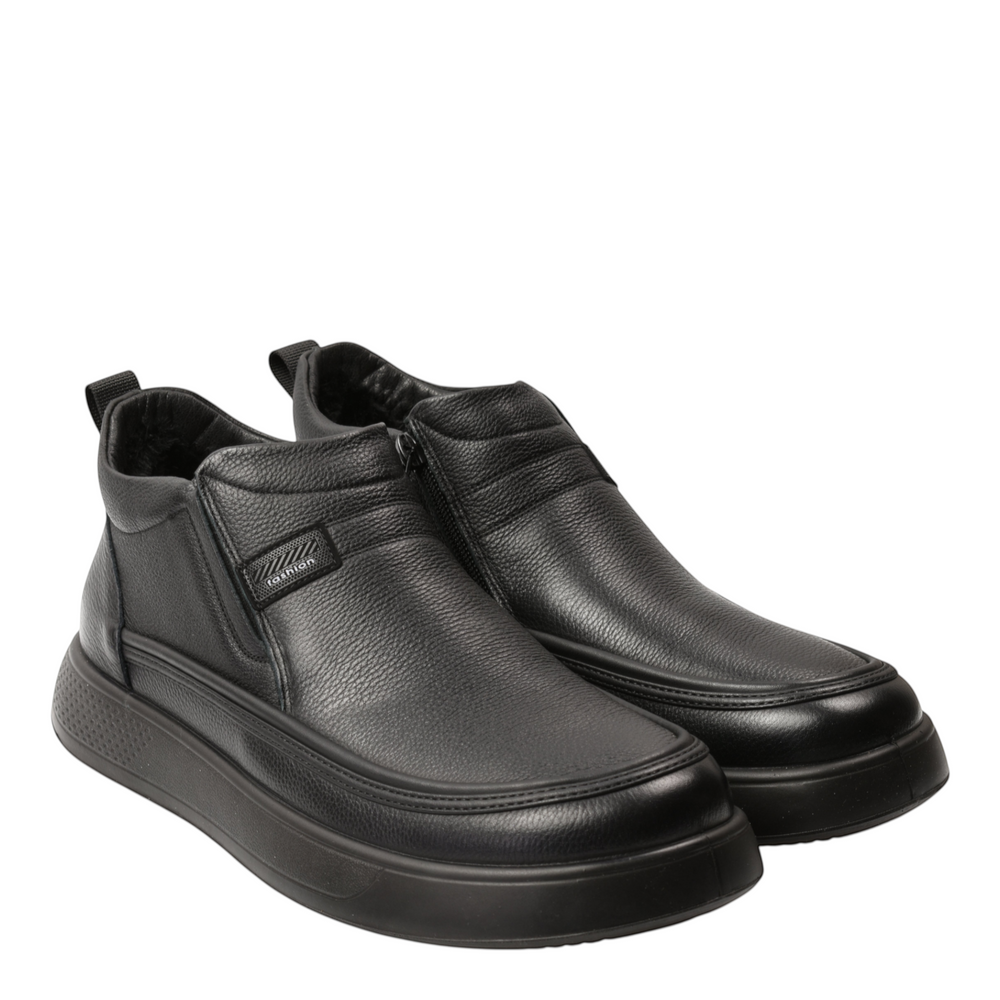 ada-shoes.ro Feeling black leather men's ankle boots with a thick flexible sole, side zipper, and elastic insert.