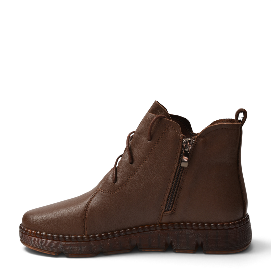 ada-shoes.ro brown leather casual ankle boots with side zipper and lace-up closure for women