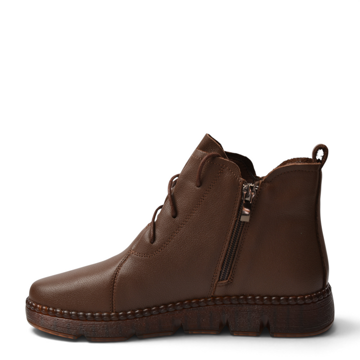 ada-shoes.ro brown leather casual ankle boots with side zipper and lace-up closure for women