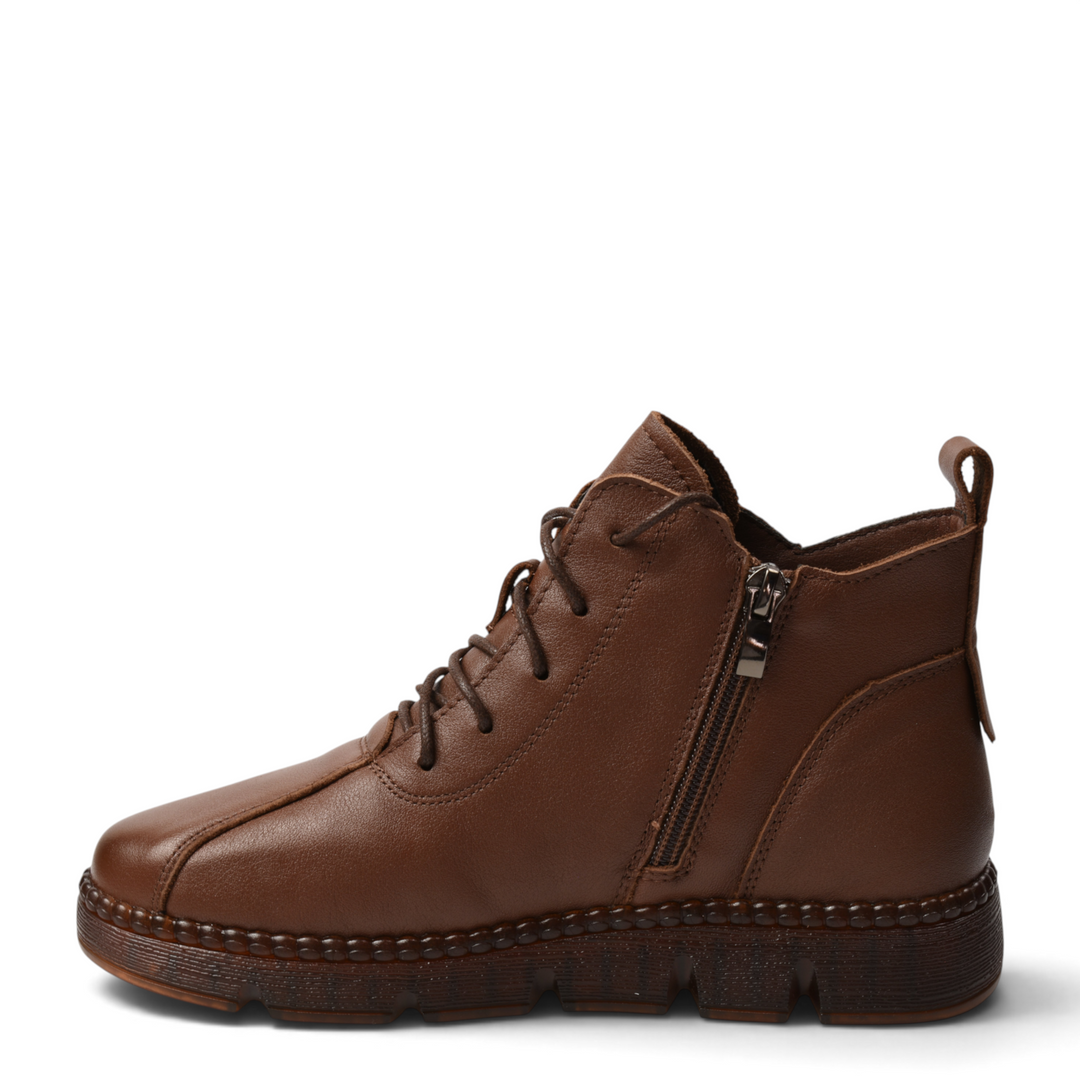 ada-shoes.ro brown leather casual ankle boots with side zipper and lace-up closure for women