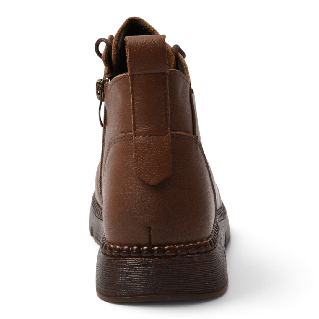 Back view of brown leather casual ankle boots by ada-shoes.ro with a side zipper and flexible textured sole
