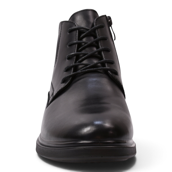 ada-shoes.ro black leather ankle boots with laces and side zipper, featuring a minimalist design and rounded toe.