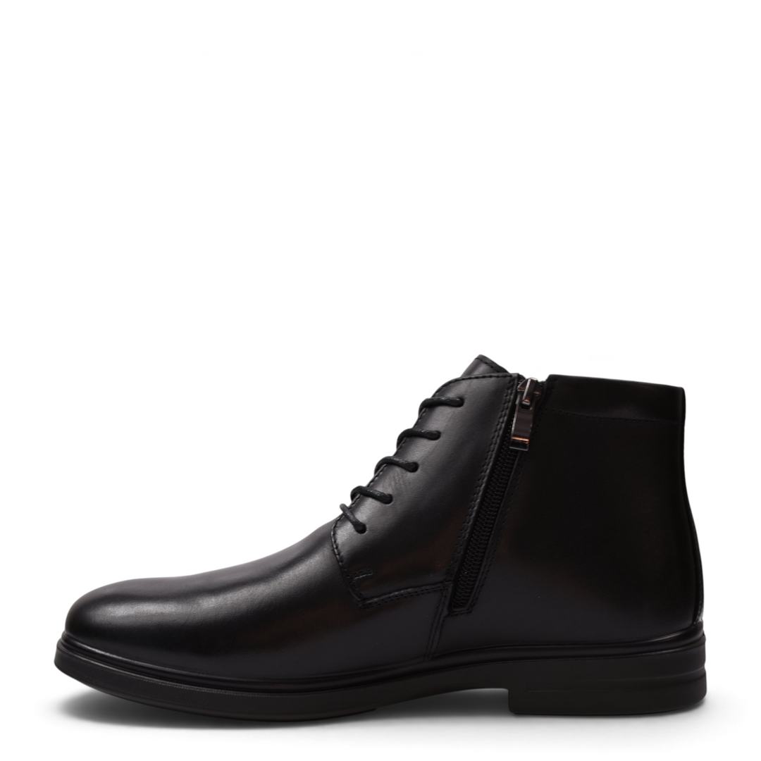 ada-shoes.ro black leather ankle boots with side zipper and laces, featuring a minimalist design and flat sole.
