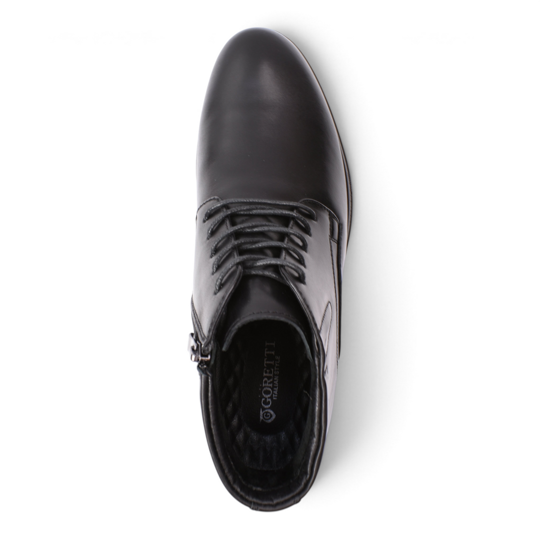 ada-shoes.ro Goretti black leather ankle boots with a minimalist design, lace-up closure, and side zipper.