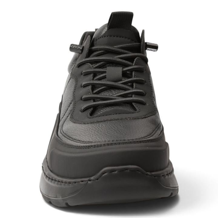 Front view of black leather high-top sneakers from ada-shoes.ro with matte protective trim and cushioned sport sole