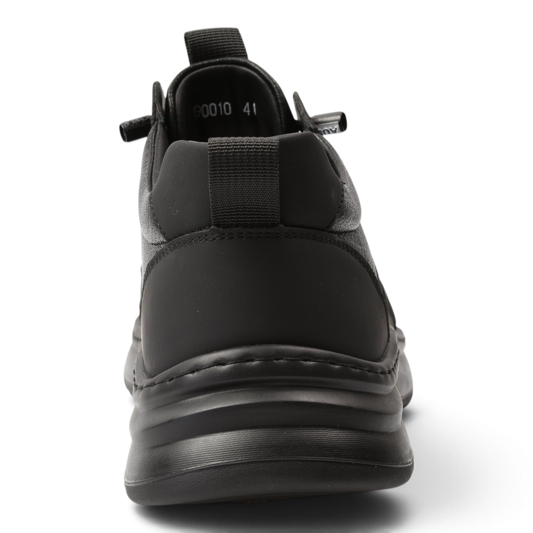 Back view of ada-shoes.ro black leather high-top sneakers with a thick, cushioned sole and heel pull-tab.