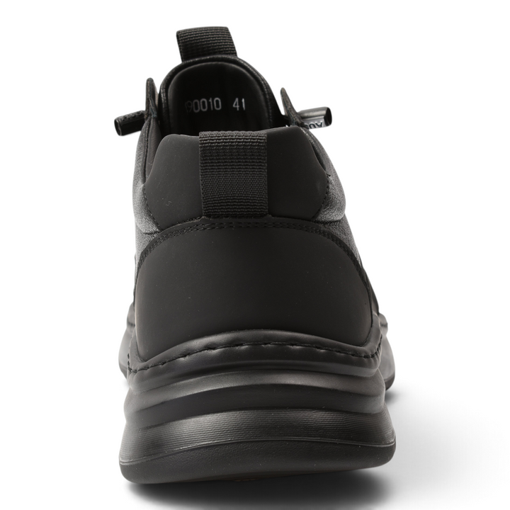 Back view of ada-shoes.ro black leather high-top sneakers with a thick, cushioned sole and heel pull-tab.