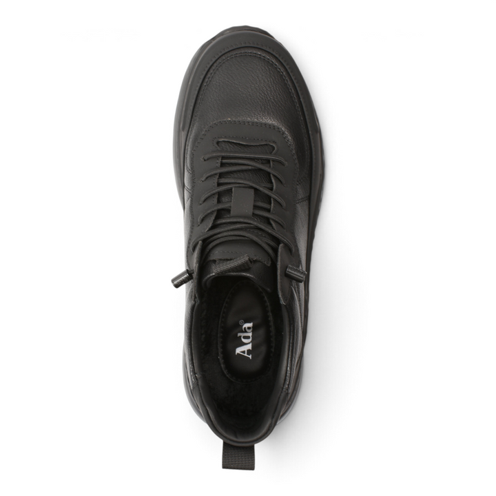 ada-shoes.ro black leather high-top sneakers with lace-up closure and pull-tabs, top-down view